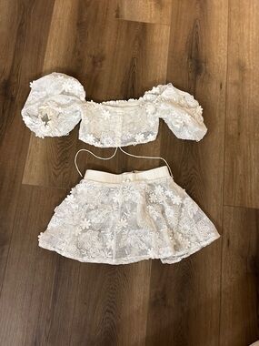 For Love & Lemons White Lace Puff Sleeve Skirt Set